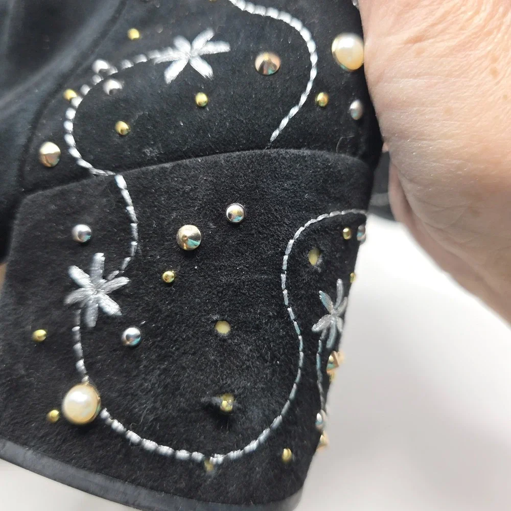 Sam Edelman Ankle Boots Womens 7.5 Black Suede Embroidered Pearl Stud Block Heel